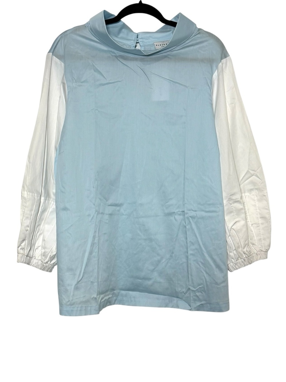 Harshman Blouse Size 1X Blue‎ White Mock Neck 3/4 Balloon Sleeve Perry Tunic